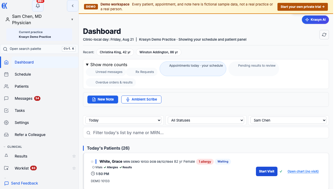 Current Krasyn production dashboard for the seeded physician demo